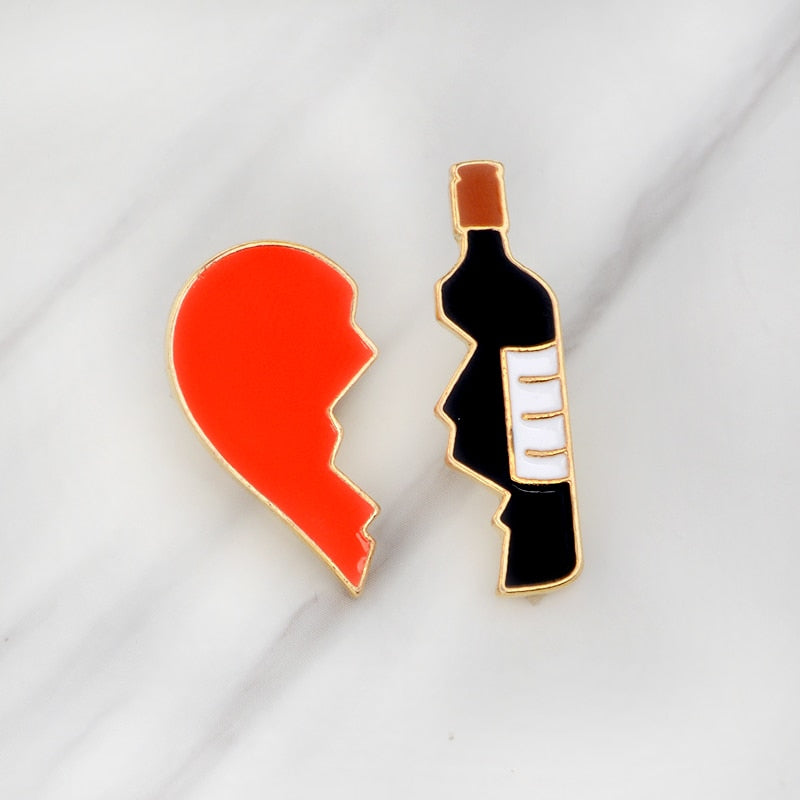 Heart & Bottle of wine enamel brooch