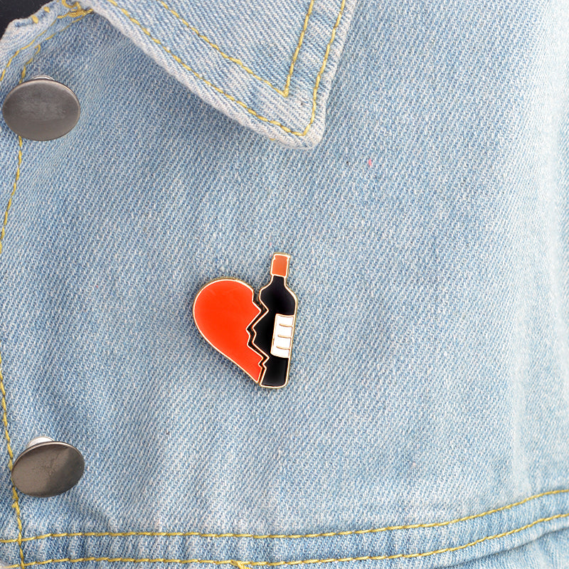 Heart & Bottle of wine enamel brooch